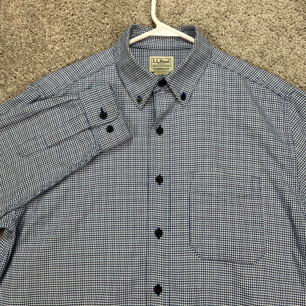 LL Bean Mens Medium‎ Blue White Houndstooth Long Sleeve Button Down Traditional